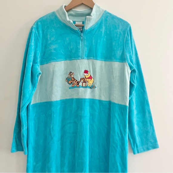 Vintage Disney Winnie the Pooh Teal Velour Sleep Nightgown Tigger Christmas Med - Picture 4 of 11